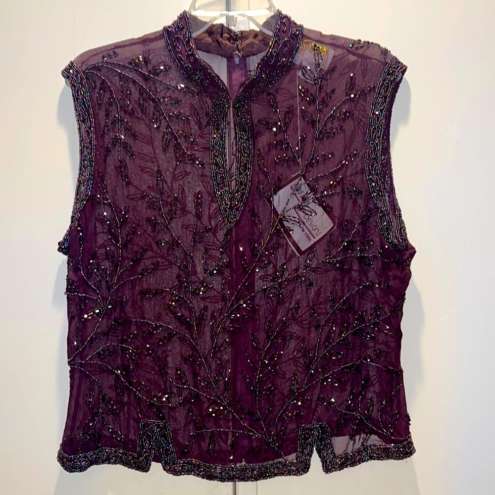 JasJas Brand New With Tags Eggplant Hand Beaded Sleeveless Blouse Size XL